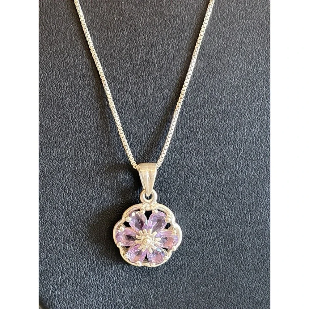 925 STERLING SILVER 1.80 CARAT PURPLE AMETHYST FLOWER PENDANT NECKLACE